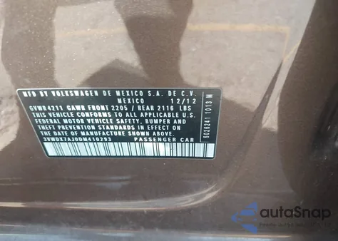 2013 Volkswagen Jetta 2.5L Se from USA, damaged, VIN 3VWDX7AJ0DM410293